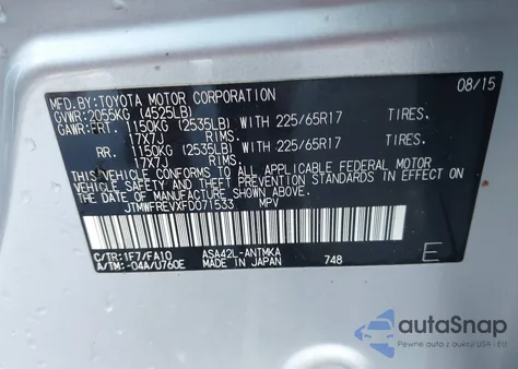 2015 Toyota Rav4 Xle from USA, damaged, VIN JTMWFREVXFD071533